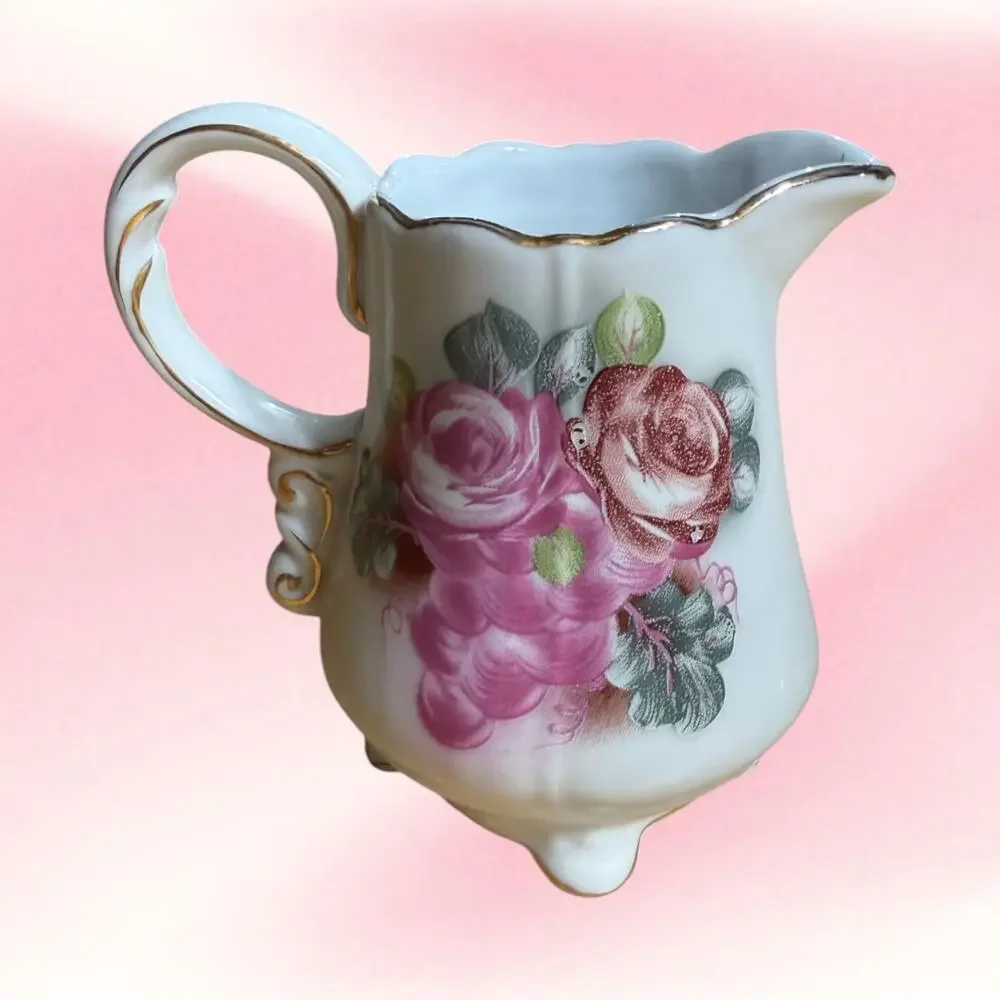 Vintage Nippon Marked Rose Creamer Sugar Bowl Set Gold Trim Grandmillennial
